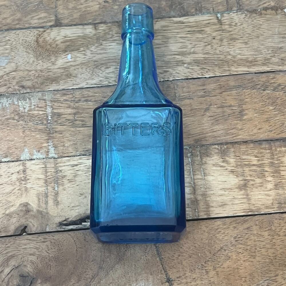 Vintage Wheaton NJ Blue Glass Bottle 6.5" Square Long Neck "Bitters"